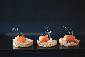 closeup catering canapes with salmon food 