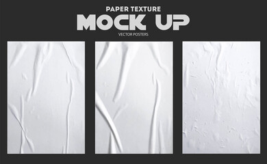 Collection of mockups of wrinkled glued paper for posters. Vector realistic mockup of wet wrinkled posters - obrazy, fototapety, plakaty