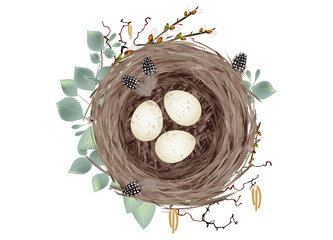 Vogelnest oder Osternest mit drei Eier und Federn