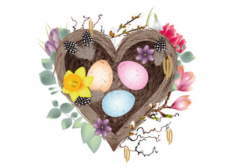 herzförmiges Vogelnest mit Ostereier und Blüten