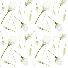 Watercolor seamless pattern with eustoma buds on white background