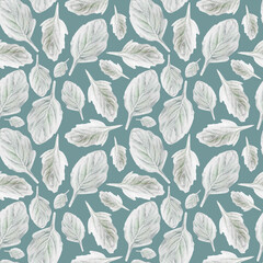 Watercolor seamless pattern with gray leaves on green background