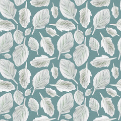Fototapeta premium Watercolor seamless pattern with gray leaves on green background