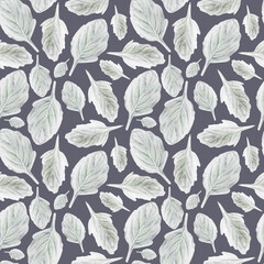 Watercolor seamless pattern with gray leaves on gray background