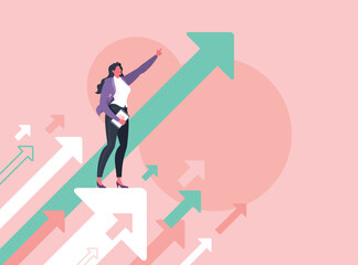 Leadership, leading to success or business vision concept. Businesswoman is pointing direction forward and standing on flying arrows in pink background.