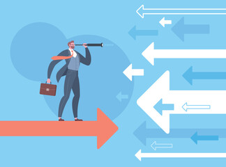 Searching for business opportunities, divergence strategy, think different or vision concept. Businessman is looking through monocular telescope and standing on flying arrow in blue background. © Costello77