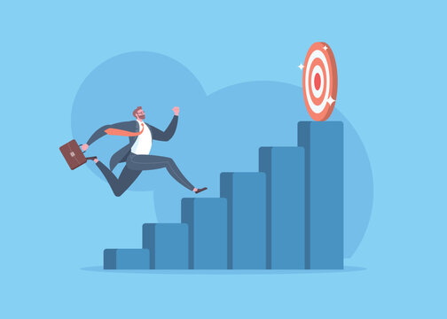 Business goals, company vision, career growth, improve skill to success or steps to achieve target concept. Businessman running on stair step towards target in blue background.