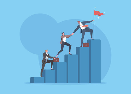 Successful teamwork, business goals, company vision, career growth, upskill, mentorship or business cooperation concept. Group of office workers are climbing and help together to the top of step.