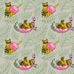 Summer print.  Owl resting on the beach. Seamless pattern.