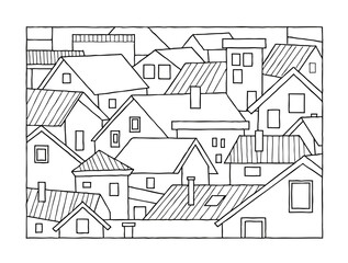 Hand drawn doodle drawing of a small town urban scenery of residential houses from above