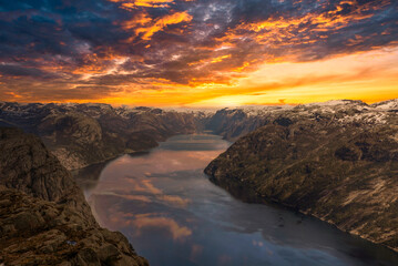 Epic sunset over the river and mountains