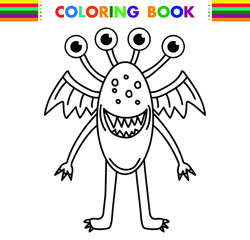Funny and cute Alien monster with three eyes for kids. Imaginary creature for children coloring book, black and white outline fantasy cartoon for coloring pages.
