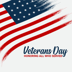 USA Veterans Day greeting card with brush stroke background in United States national flag colors and hand lettering text Happy Veterans Day. 