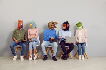 Deurstickers People with animal faces sitting in line waiting for job interview. Applicants in funny silly masks reading CVs and resumes and using laptops. College or university students discussing test or exam © Studio Romantic