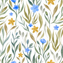 Watercolour floral seamless pattern: leaves and flowers on a white background