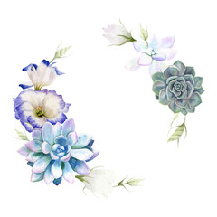 Fototapeta na wymiar Watercolor wreath with succulents and flowers