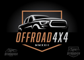 Off road 4x4 utility vehicle logo icon. All-terrain pickup truck symbol. Auto garage 4wd showroom dealership badge. Vector illustration. - obrazy, fototapety, plakaty