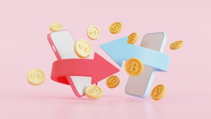 Bitcoin Digital money concept. money transfer to the Mobile phone bank, 3D illustration - obrazy, fototapety, plakaty