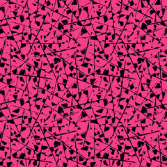 Seamless pattern with black lines and spots isolated on a pink background. Hand drawn illustration. Abstract texture.