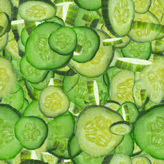 Seamless pop art pattern with fresh cucumbers. Background on the theme of health, vitamins and fitness.