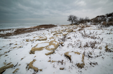 Winter coast of Azov sea. Russia, january 2021.