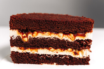 cake with cocoa, nuts and caramel, close-up