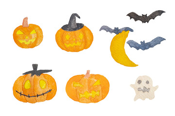 Watercolor Halloween set. Hand drawn holiday isolated on white background with pumpkins , ghost , moon and bat