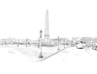 Luxor Obelisk. Place de la Concorde.  Paris, France. Urban sketch. Hand drawn vector illustration - obrazy, fototapety, plakaty