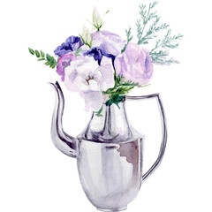 Watercolor illustration with bouquet in a silver teapot on white background