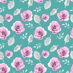 Watercolor seamless pattern with roses on emerald green background