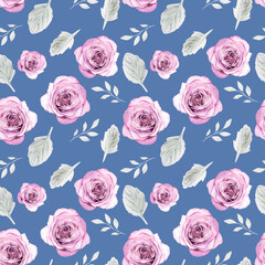 Watercolor seamless pattern with roses on blue background