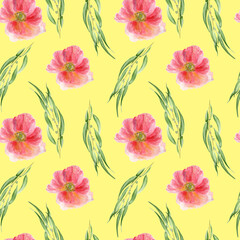 Watercolor seamless pattern with poppy and eucalyptus on yellow background
