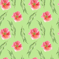 Watercolor seamless pattern with poppy and eucalyptus on green background