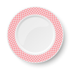 Empty classic white plate with rose pattern isolated on white background. View from above.