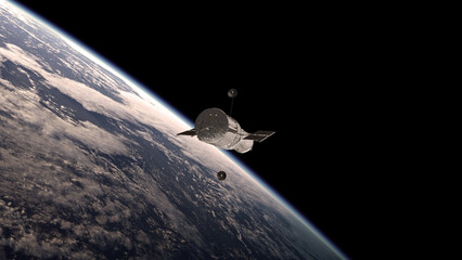 Illustration of the Hubble Space Telescope, HST on the background of the planet earth for web articles,posters etc.