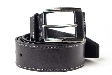 Black men's belt on a white background. Male accessory. Leather product