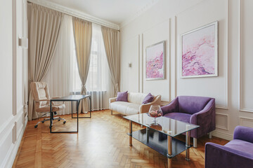 reception, waiting room with soft furniture with window, curtains, classic style