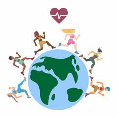 international women running around planet Earth vector illustration
