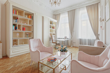 psychologist's office interior with two pink velor armchairs facing each other