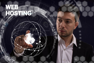 Business, technology, internet and network concept. Young businessman thinks over the steps for...