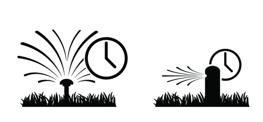 Timer. Grass lawn with garden sprinkler. Cartoon gras icon or pictogram. Irrigation system for drip watering lawn, field, or grass. Sprinkler irrigation symbol or logo. Sprinkling with water. Summer - obrazy, fototapety, plakaty