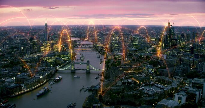 Orange Lines Connecting London. Aerial View Of Connected City. Arch Network. Smart And Futuristic Metropolis. Holographic Animation Over The Financial District.