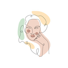 Female face single line drawing and pastel abstract shapes composition. Portrait of young beautiful girl line art.