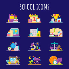 Set of school icons in flat style. Vector illustration