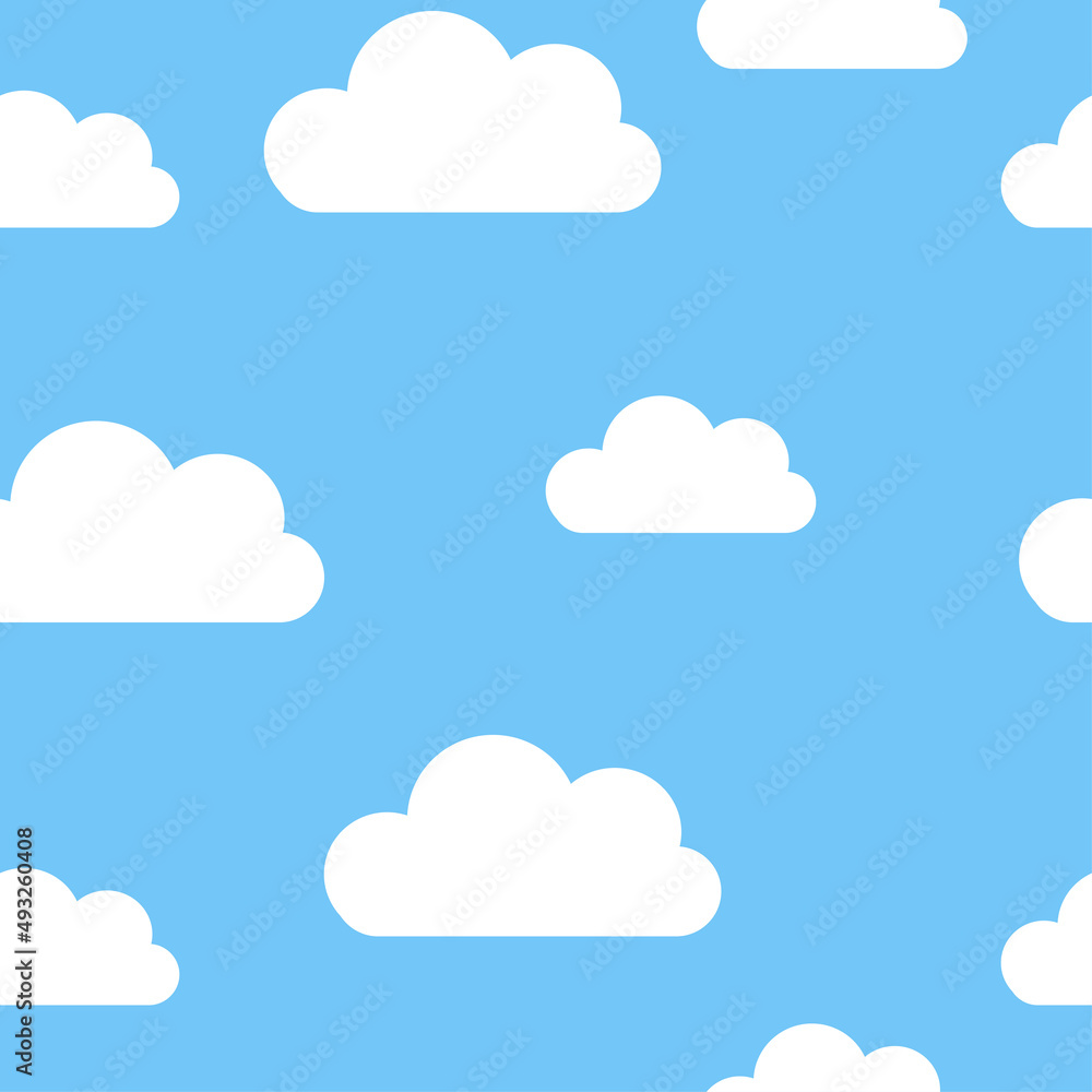 Wall mural seamless pattern background with white fluffy cartoon clouds on light blue sky. vector illustration 