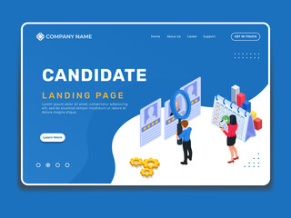 Candidate landing page illustration template with isometric people look at the list of job candidate