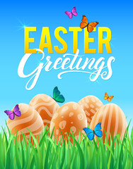 Template vector card with realistic eggs, grass and butterflies. Handwriting inscription Happy Easter. Blue Sky background