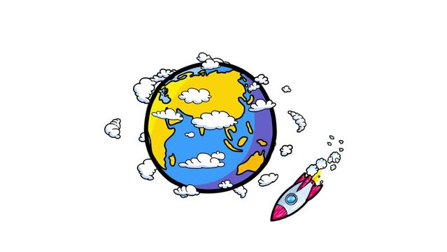 Rocket flying around earth globe cartoon animation seamless dynamic loop isolated. Dynamic doodle animation style. Good for any space project. Alpha channel included.