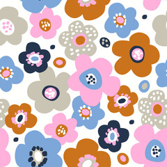 Seamless vector pattern with bright colorful flowers on white background. Modern flowers fabric pattern. Floral pattern for fabrics, textile, wallpapers, etc.