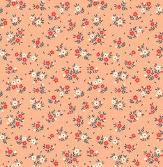 Trendy seamless vector floral pattern. Endless print made of small white and red flowers. Summer and spring motifs. Rose coral background. Stock vector illustration.